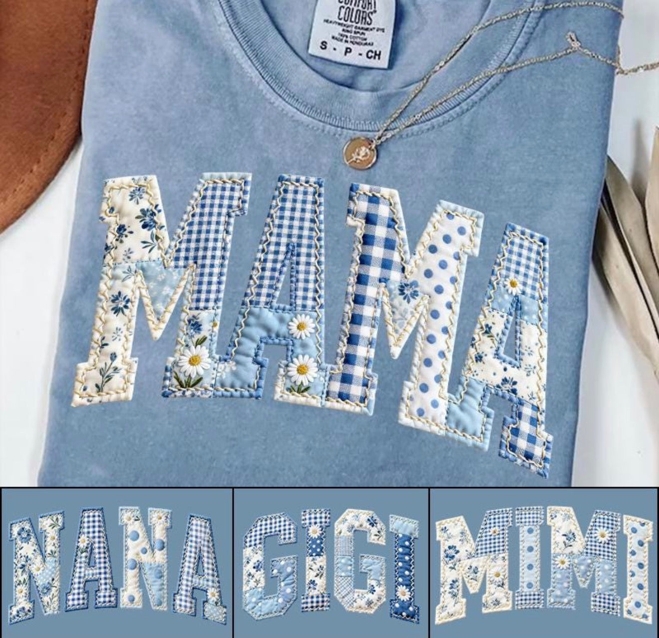 Mama/Nana/Gigi/Mimi Blue Floral Faux Patchwork
