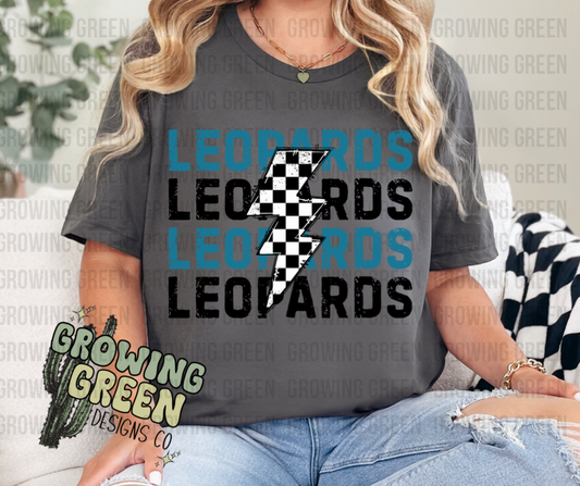 Leopard Checker Lightning Bolt Black & Teal T-Shirt