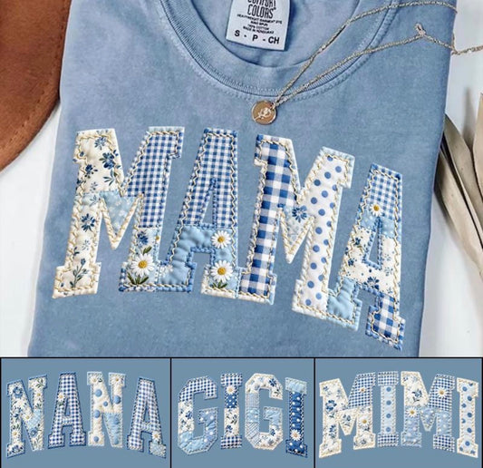 Mama/Nana/Gigi/Mimi Blue Floral Faux Patchwork