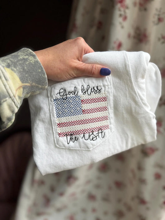 God Bless the USA Embroidered Comfort Color Pocket Tee